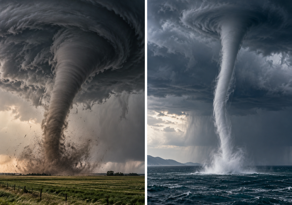 A la izquierda, un tornado toca tierra; a la derecha, una tromba marina se desarrolla sobre el mar. Ambos corresponden a columnas de aire en intensa rotación.
