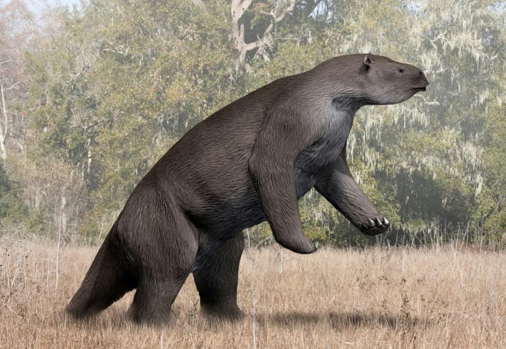 Ilustração de uma preguiça-gigante, um dos maiores mamíferos da Era do Gelo na América do Sul. Estudos indicam que esses animais eram caçados pelos primeiros humanos do continente.