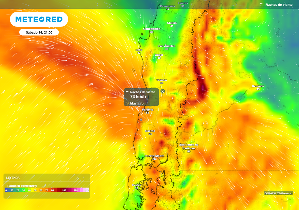 Rachas de viento (km/h) para la noche del sábado 14 de marzo 2026 en Chile centro-sur.