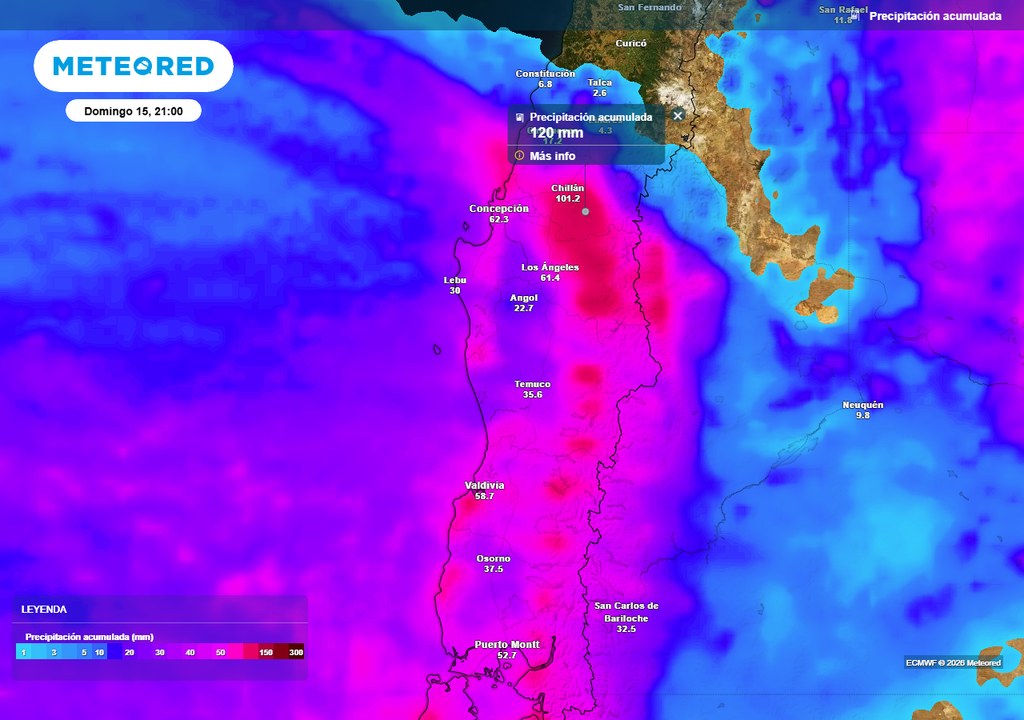 Precipitación acumulada (mm) hasta la noche del domingo 15 de marzo 2026 en Chile centro-sur.