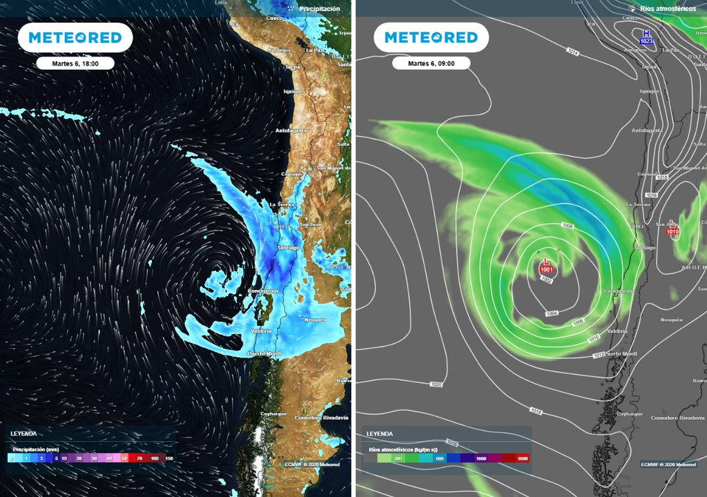 precipitaciones previstas por ciclón y río atmosférico El ciclón extratropical, un centro de baja presión que da vida a los sistemas frontales que llegan a Chile, dejará precipitaciones abundantes en corto periodo de tiempo en la zona central. Las precipitaciones alcanzarán la Región de Coquimbo por el norte y se extenderán hasta Los Lagos por el sur.