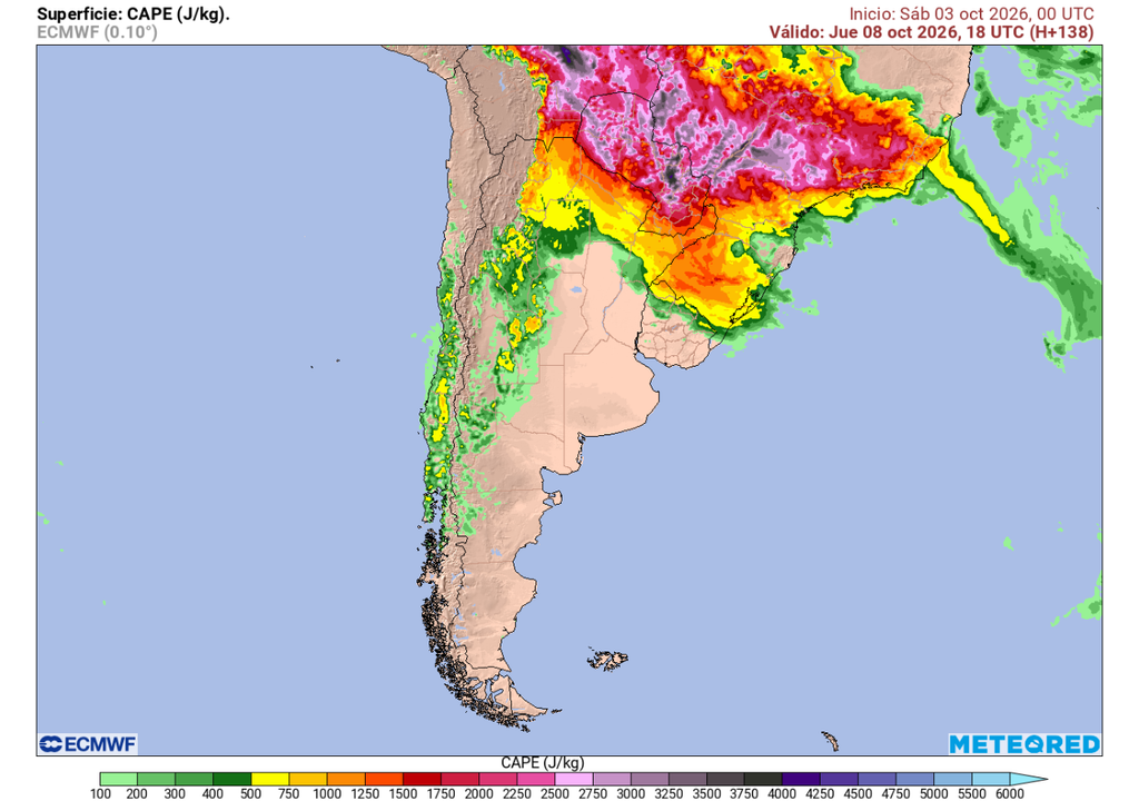 CAPE La energía potencial convectiva disponible estará presente desde el Norte Chico hasta el sur de Chile para dar más posibilidad al desarrollo de tormentas y nubes convectivas durante el día miércoles y jueves 8 de octubre.