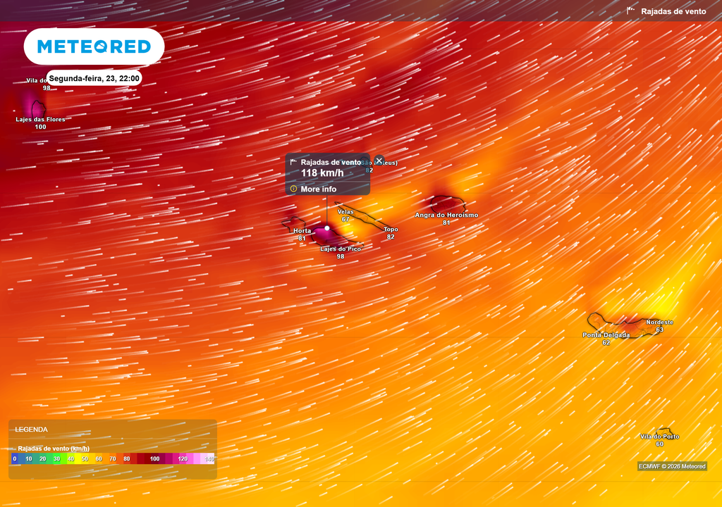 Rajadas superiores a 100 km/h previstas nas Flores, Corvo e Pico com a passagem da nova frente atlântica.