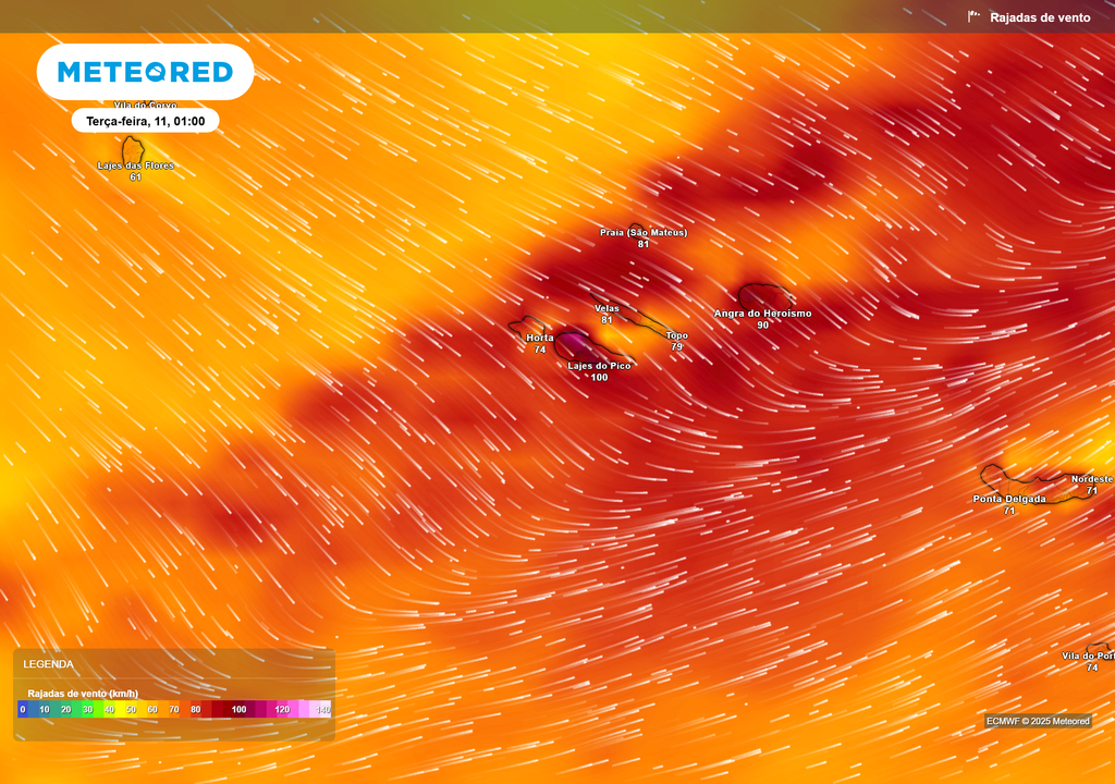 Mapa atmosférico: Rajadas de vento