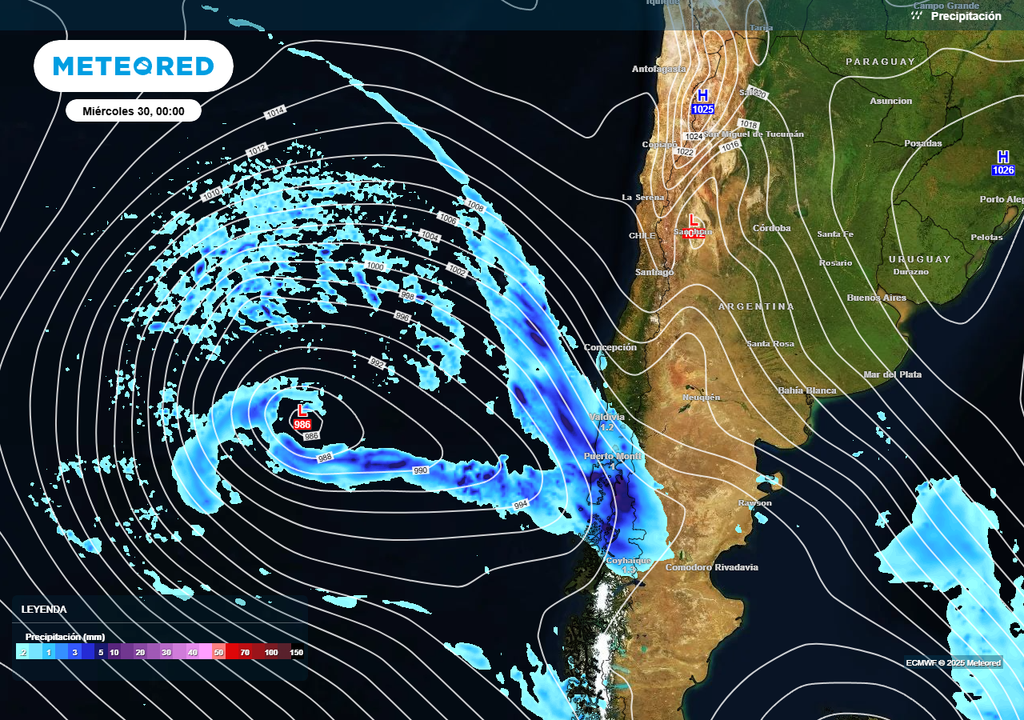 Sistema frontal con río atmosférico 4, Biobío, Chile, Meteored