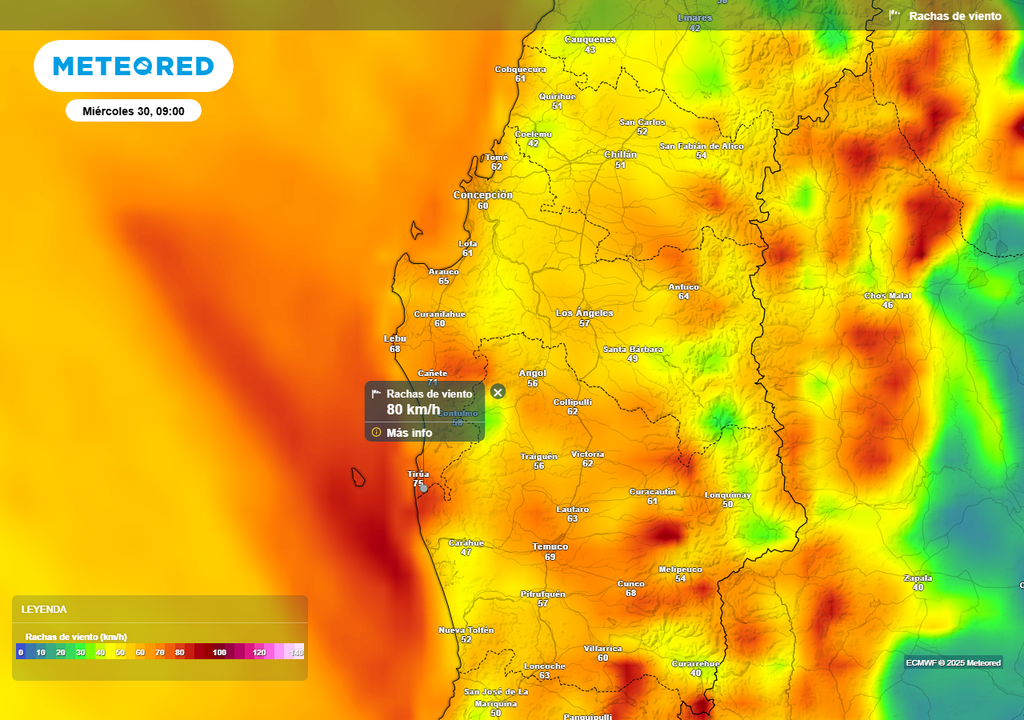 Sistema frontal con río atmosférico 4, Región de Biobío, Meteored, Chile