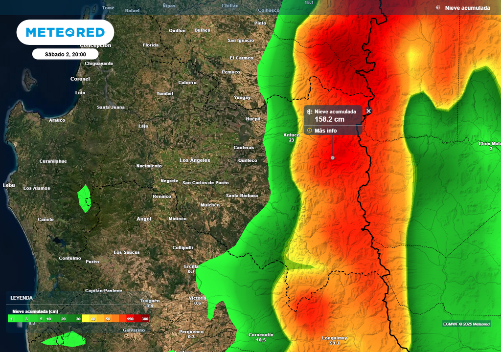 Sistema frontal con río atmosférico categoría 4, Región de Biobío, Meteored, Chile