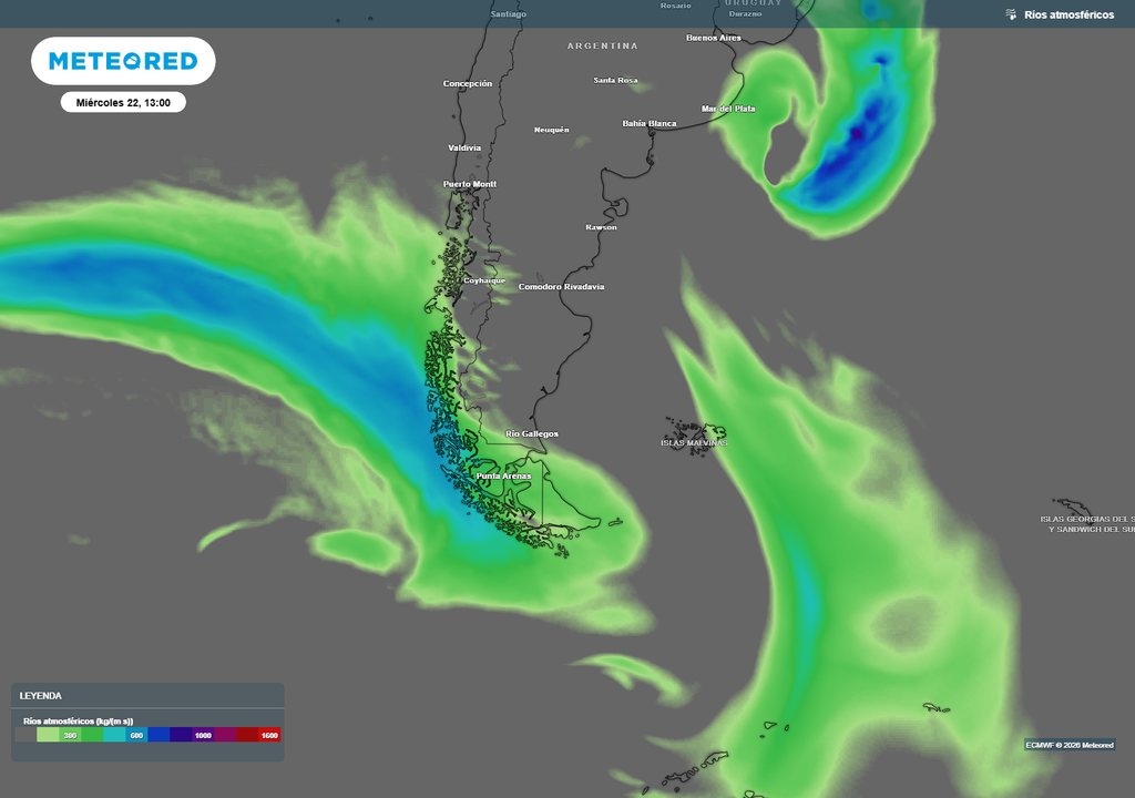 Aunque débiles, los ríos atmosféricos llegarán a Chile esta semana, enfocados en la Patagonia. Las altas presiones ejercerán un bloqueo que desviará frentes y vapor de agua hacia esa zona del país.