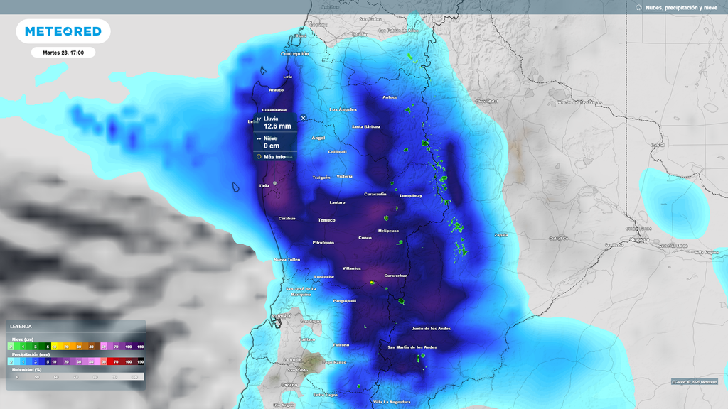 Prácticamente 0 cm de nieve acumulados en cordillera. Las lluvias serán líquidas por debajo de los 3.500 m de altitud y con tasas que superarían los 10 mm/h.