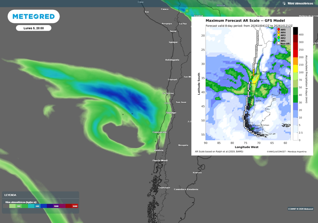 río atmosférico previsto El río atmosférico llegará con categoría 3 a 4 a Chile y dejará lluvias con potencial de provocar peligros a la población entre martes y jueves de esta semana.