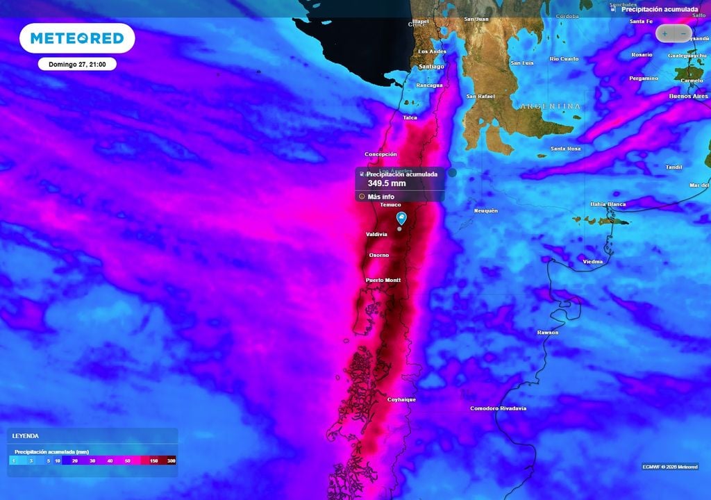 lluvias acumuladas Las precipitaciones serán extraordinariamente abundantes en sectores del sur durante esta semana, gracias al vapor de agua transportados desde la zona tropical por un río atmosférico.