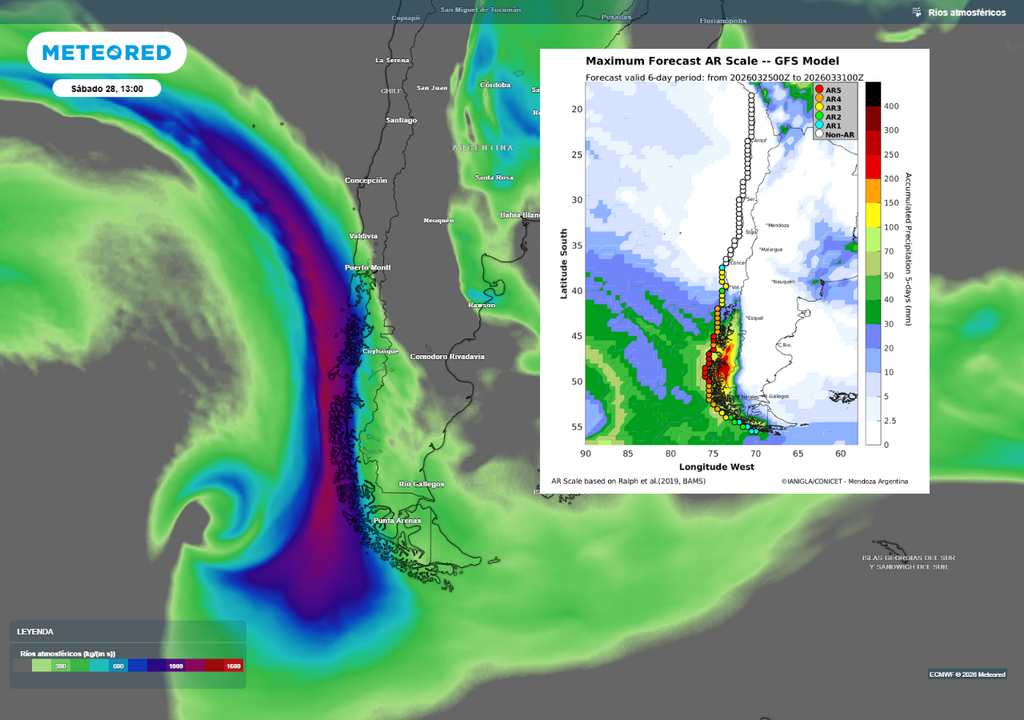 Río atmosférico de alta intensidad . Río atmosférico de alta intensidad impactará la Patagonia este fin de semana, con máximo aporte de humedad concentrado entre Los Lagos y Magallanes, elevando el potencial de lluvias intensas y acumulados significativos.
