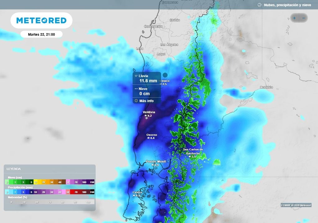 Precipitación (mm) para la noche del martes 22 de septiembre en Chile centro-sur.