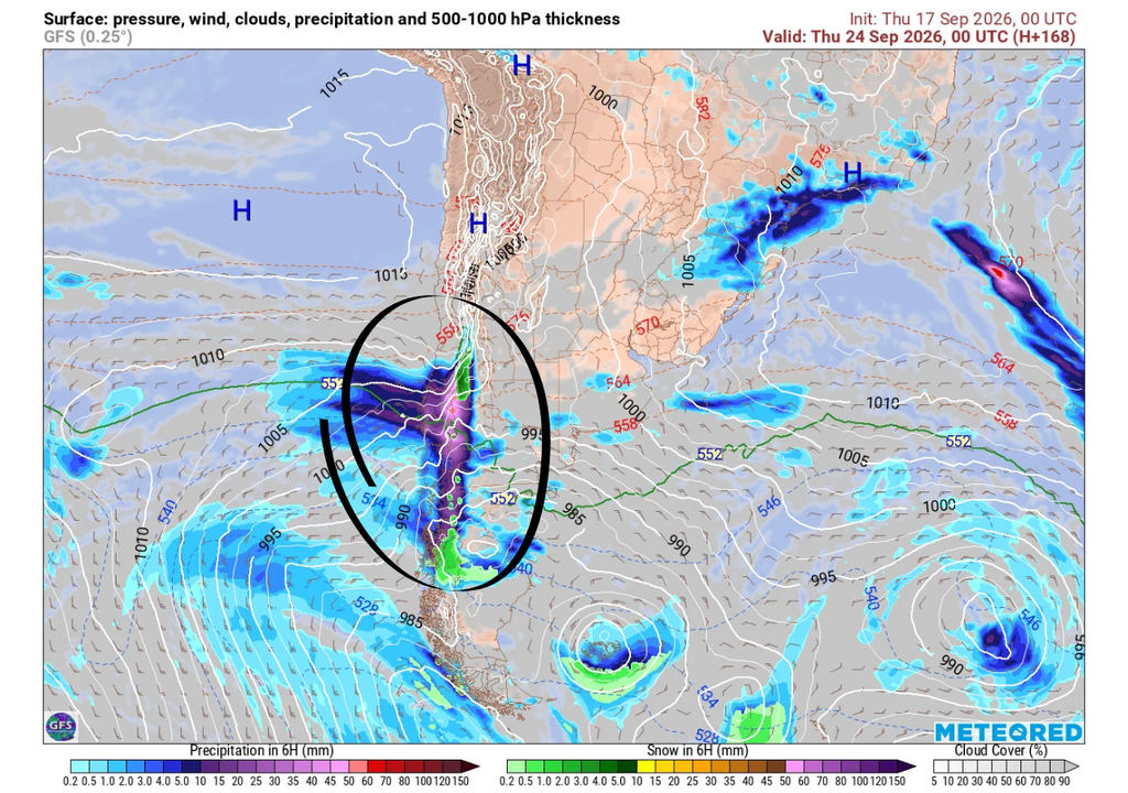 Precipitación (mm) para la noche del miércoles 23 de septiembre en Chile centro-sur (círculo negro).