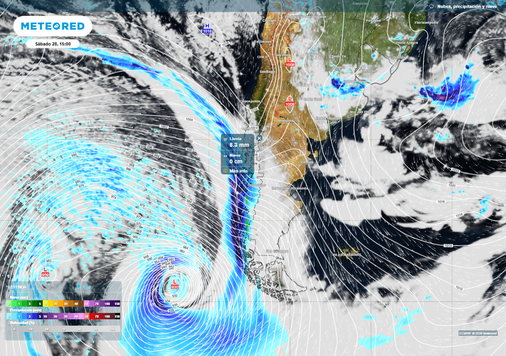 Sistema frontal impulsado por río atmosférico dejará lluvias intensas este fin de semana, especialmente en el sur austral de Chile.