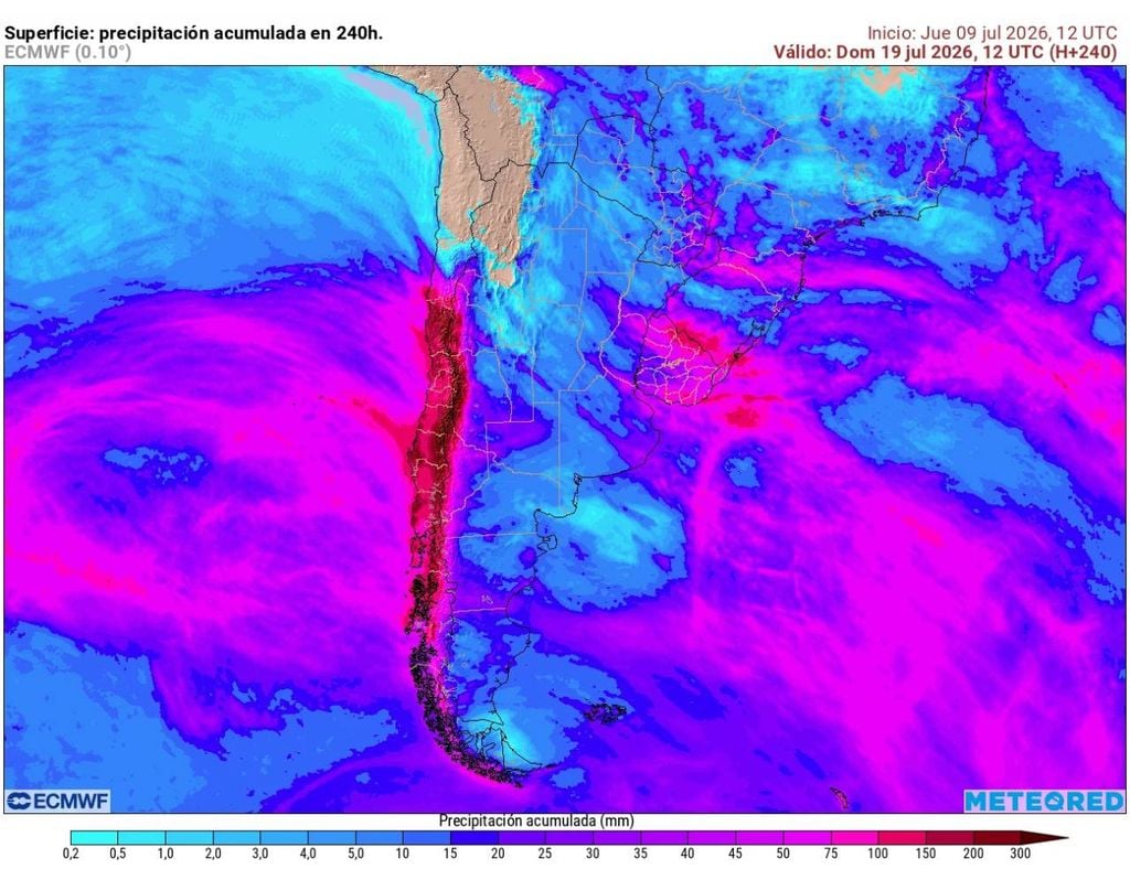 Precipitación acumulada Modelo europeo prevé abundantes lluvias en la zona central durante la próxima semana: Santiago tendría acumulados relevantes.