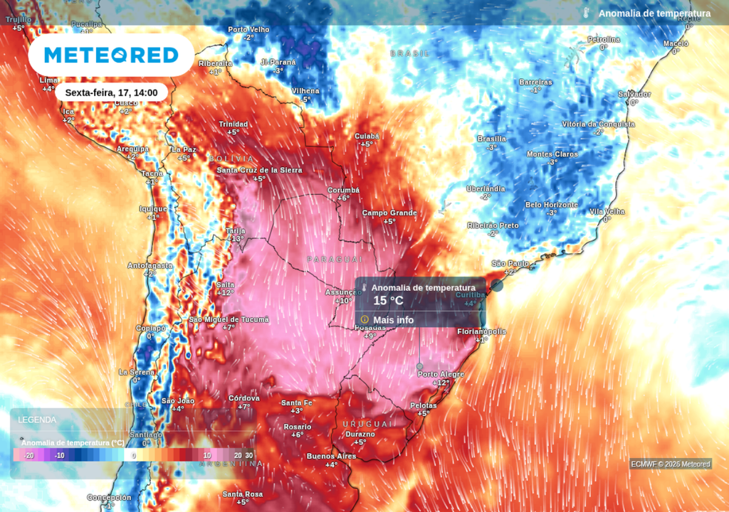 Previsão de anomalia de temperatura para sexta-feira (17), segundo o ECMWF. Previsão de anomalia de temperatura para sexta-feira (17), segundo o ECMWF.