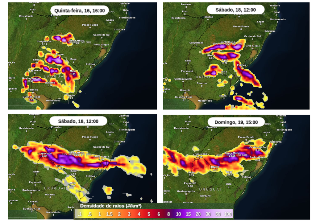 Previsão de tempestades severas entre quinta (16) e domingo (17), segundo o ECMWF. Previsão de tempestades severas entre quinta (16) e domingo (17), segundo o ECMWF.