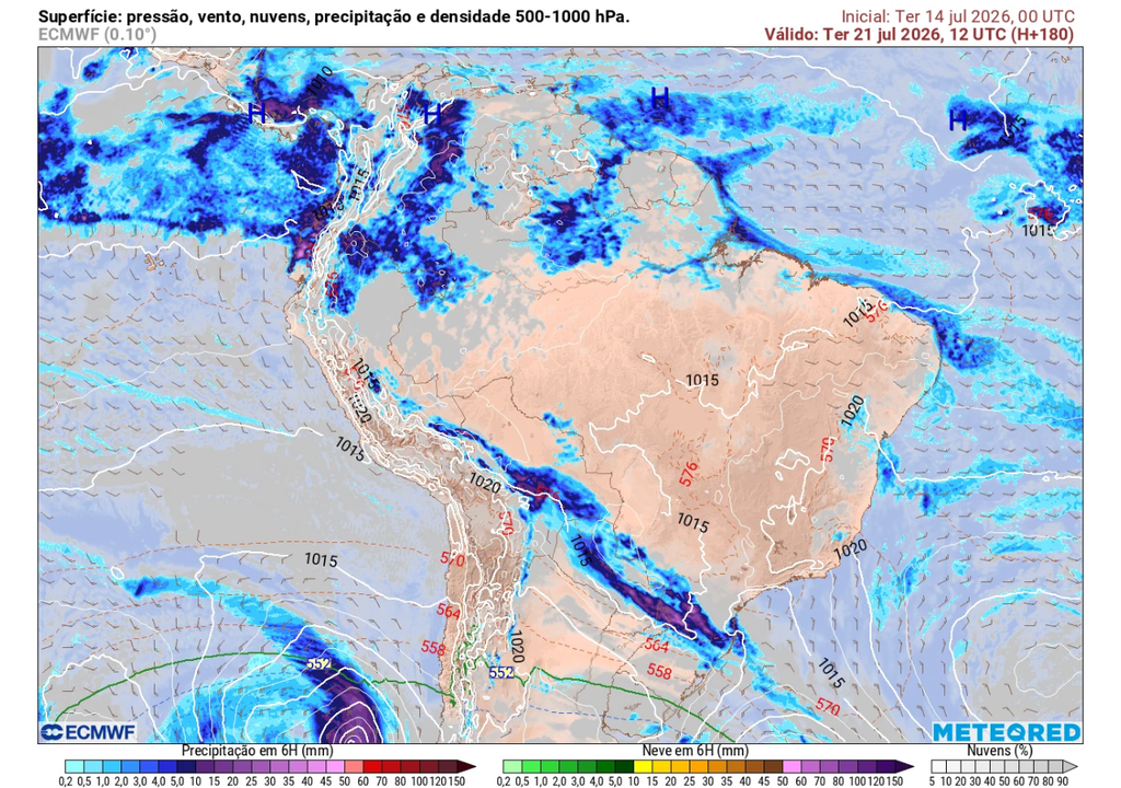 Previsão de chuvas intensas associadas a tempestades sobre Santa Catarina e Paraná na terça-feira (21), segundo o ECMWF. Previsão de chuvas intensas associadas a tempestades sobre Santa Catarina e Paraná na terça-feira (21), segundo o ECMWF.