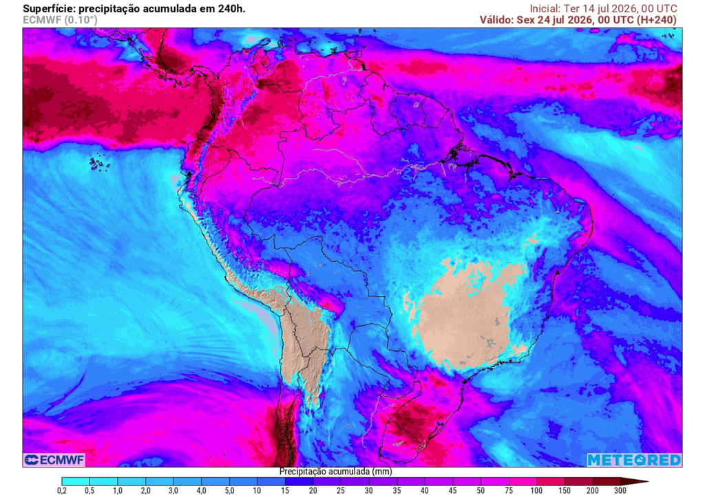 Previsão de chuva acumulada até sexta-feira (24), segundo o ECMWF. Previsão de chuva acumulada até sexta-feira (24), segundo o ECMWF.