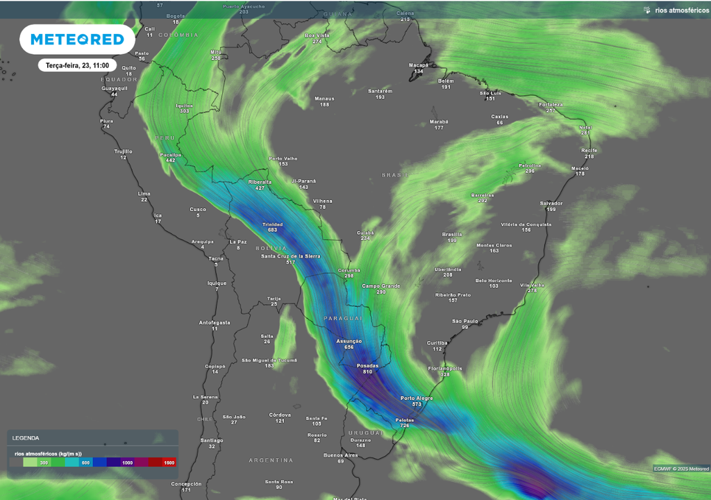 A rodada atualizada do modelo ECMWF indica que terça-feira (23) será o dia de maior fluxo de umidade.