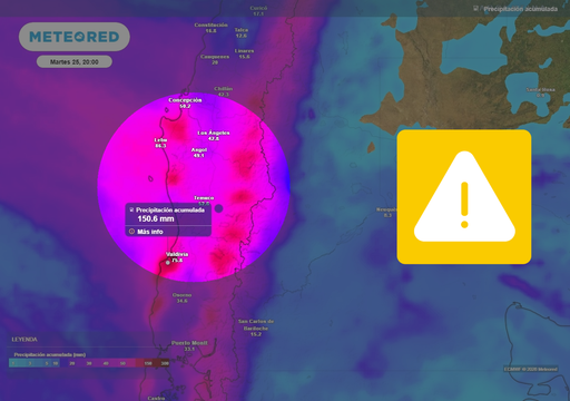 R&iacute;o atmosf&eacute;rico se acerca a Chile centro-sur: Meteored prev&eacute; temporal con 100 mm de lluvia entre lunes 24 y martes 25