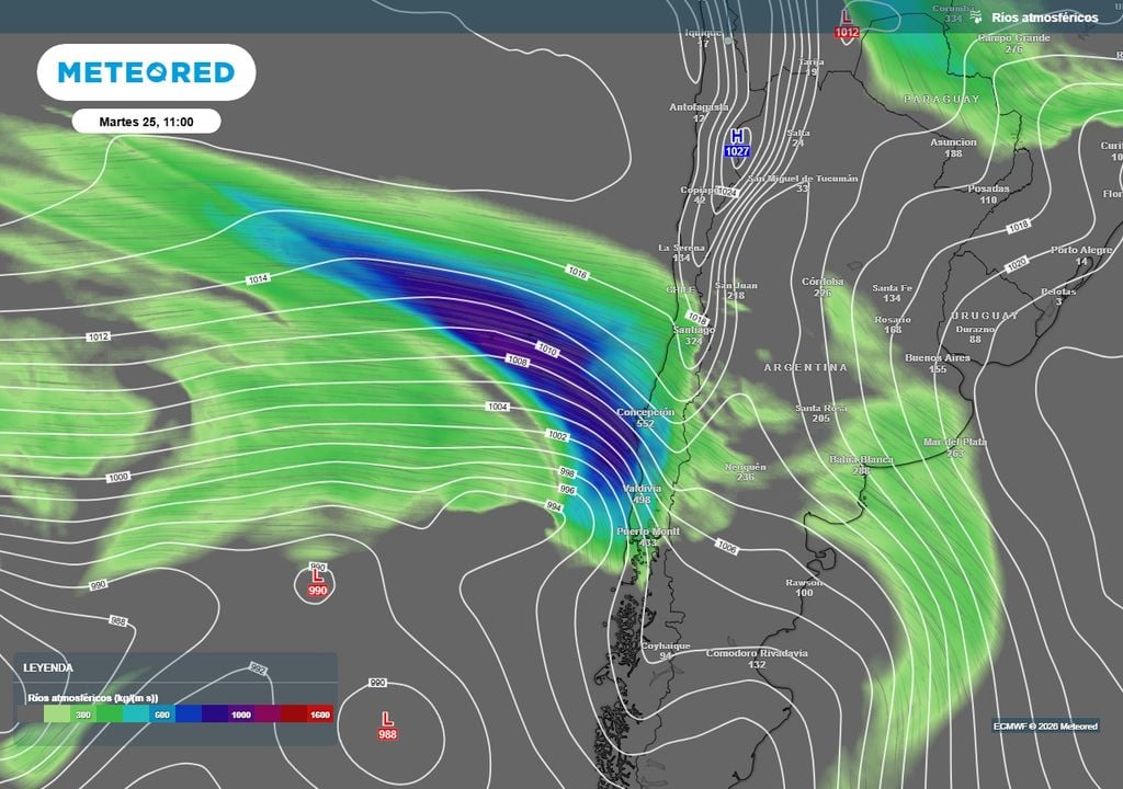 Río atmosférico que arribará a Chile centro-sur el martes 25 de agosto 2026.