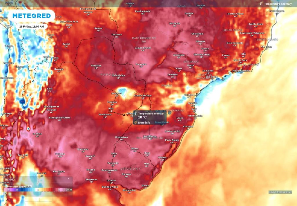 Previsão de anomalia de temperatura nesta sexta-feira (19), de acordo com o ECWMF. Previsão de anomalia de temperatura nesta sexta-feira (19), de acordo com o ECWMF.