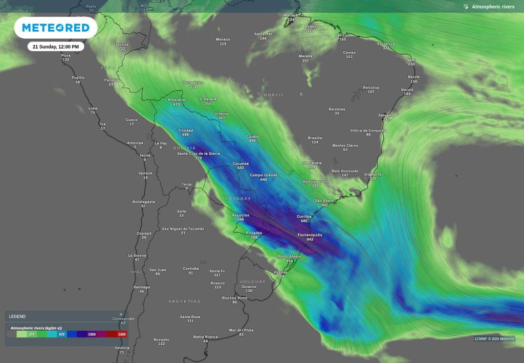 Previsão de rio atmosférico neste domingo (21), de acordo com o ECMWF. Previsão de rio atmosférico neste domingo (21), de acordo com o ECMWF.
