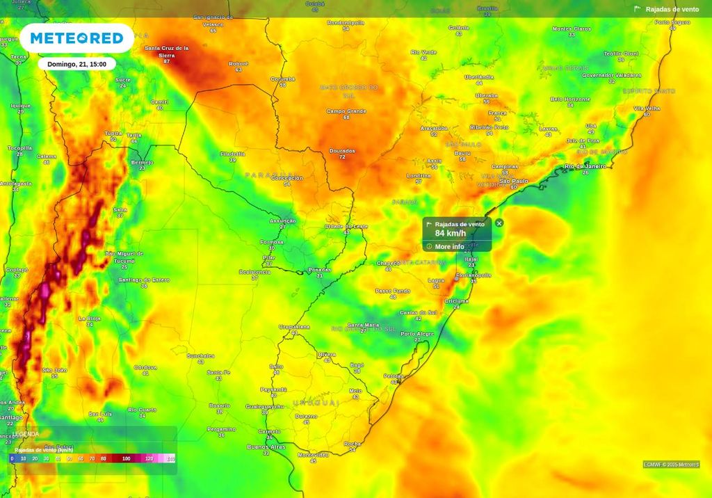 Previsão de rajada de vento no domingo (20), de acordo com o ECMWF. Previsão de rajada de vento no domingo (20), de acordo com o ECMWF.