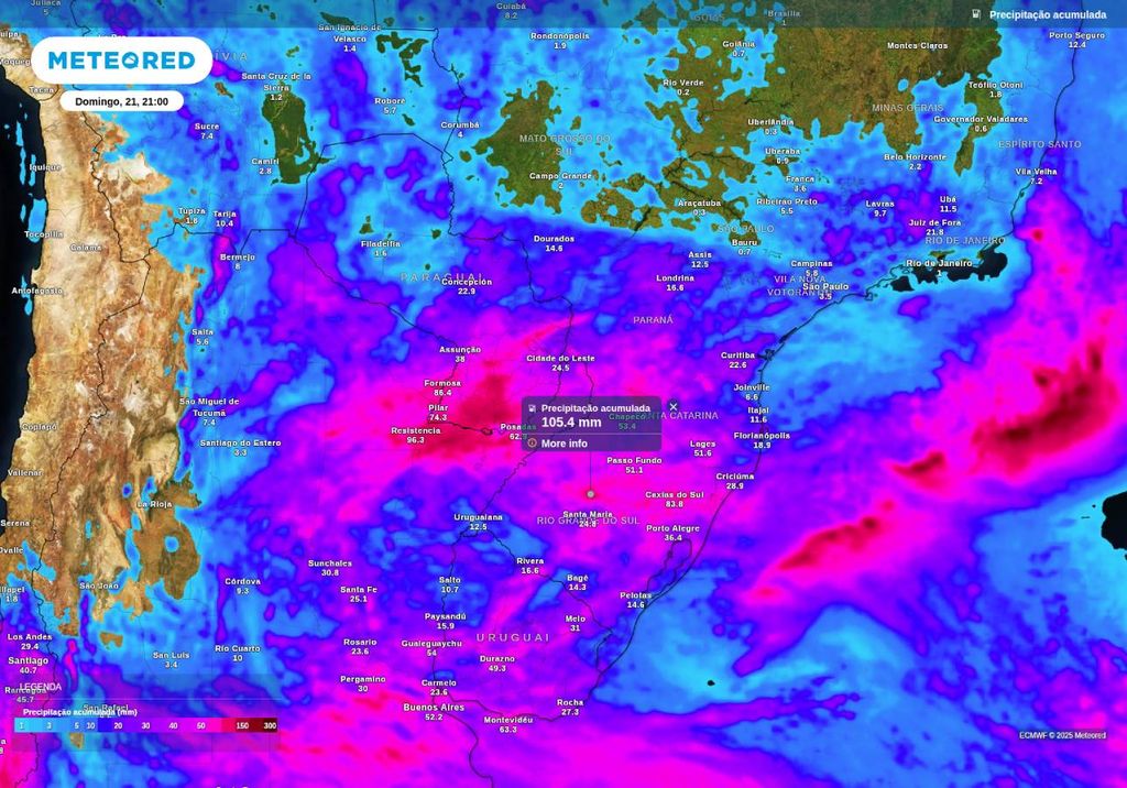 Previsão de chuva acumulada (mm) até domingo (21), de acordo com o ECMWF. Previsão de chuva acumulada (mm) até domingo (21), de acordo com o ECMWF.