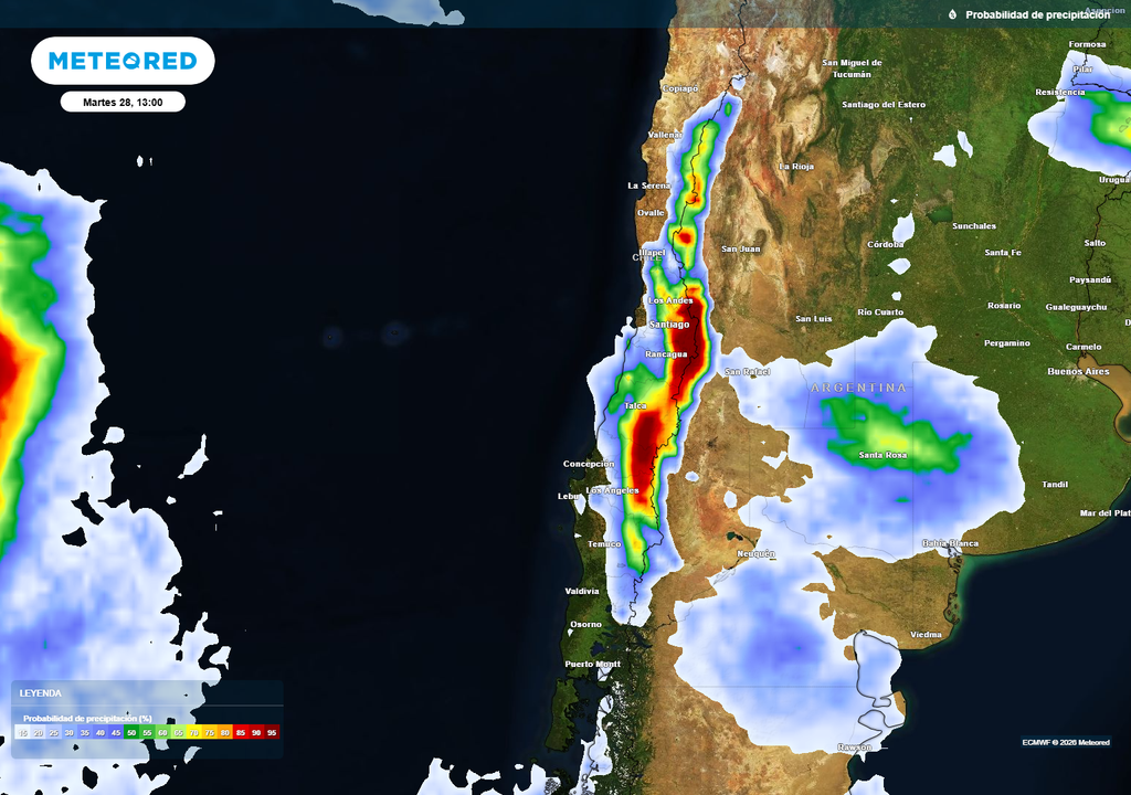 probabilidad de precipitación La probabilidad de precipitaciones permanecerá alta durante el martes en sectores cordilleranos del Norte Chico, zona Centro y Sur de Chile.