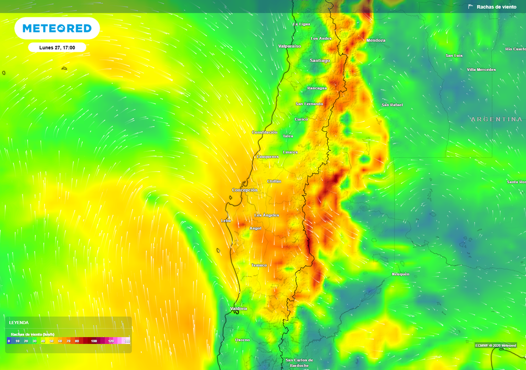 rachas de viento previstas Con el avance de la baja presión hacia el continente, el viento se intensificará en sectores del centro y sur. Las rachas alcanzarán de 60 a 80 km/h durante este lunes 27 de julio en sectores del Maule a La Araucanía.