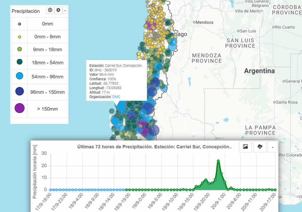 Vismet CR2 Visualizador meteorológico muestra los registros de precipitación acumulada durante las últimas horas. Fuente: Vismet (CR2)