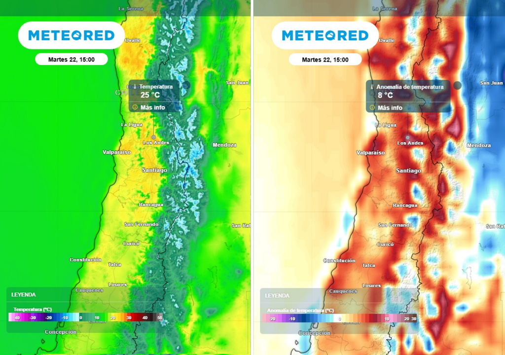 mapas de temperatura y anomalías Este martes se espera un incremento térmico, con marcas de hasta 25 °C en la precordillera de Valparaíso.