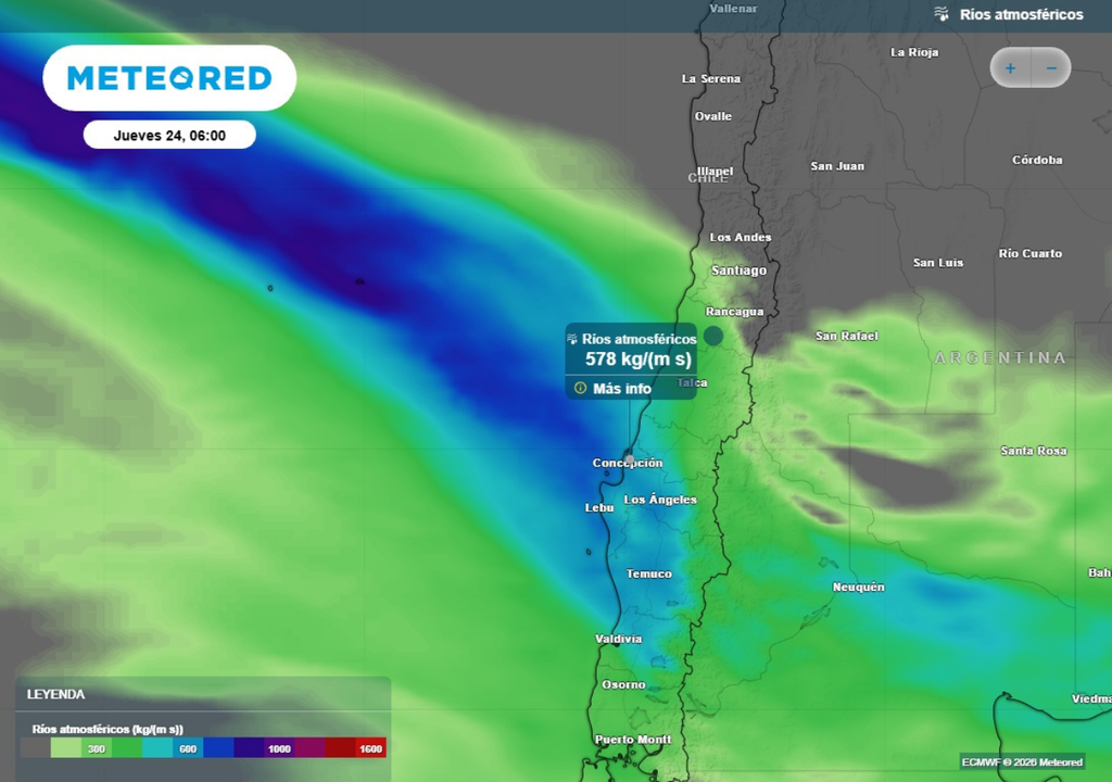 mapa de río atmosférico Este miércoles, llegará un río atmosférico de categoría 3 al centro-sur de Chile, afectando al menos hasta el Maule.
