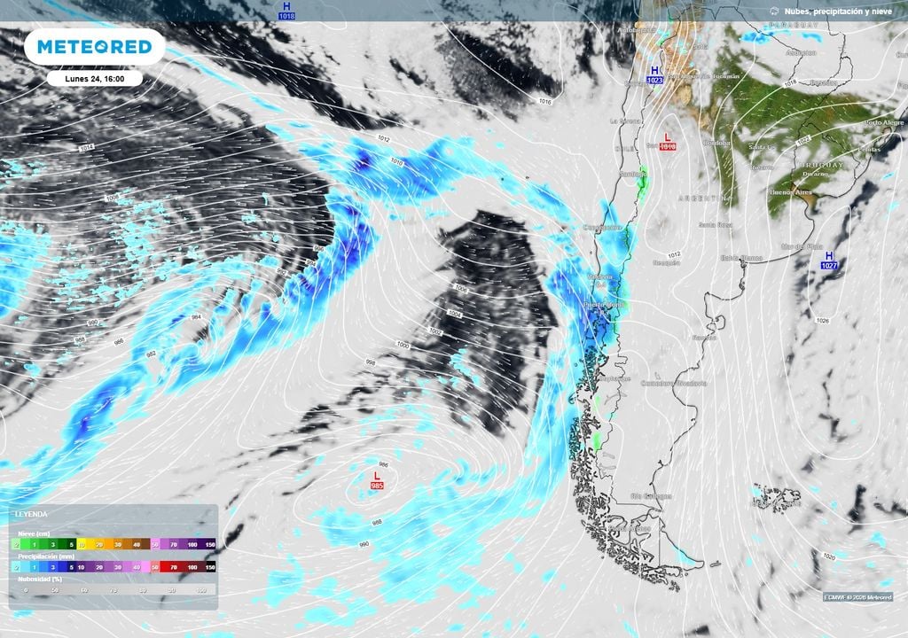 El primer sistema frontal comenzará a afectar el sur de Chile durante la tarde del lunes 24, con precipitaciones avanzando desde Aysén hacia el norte, mientras una nueva baja presión se organiza sobre el Pacífico.