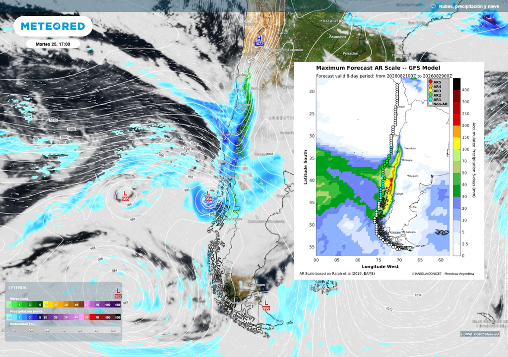 El río atmosférico reforzará las precipitaciones durante el martes 25, mientras el ingreso posterior de aire más frío favorecerá un descenso de la cota de nieve en cordillera.