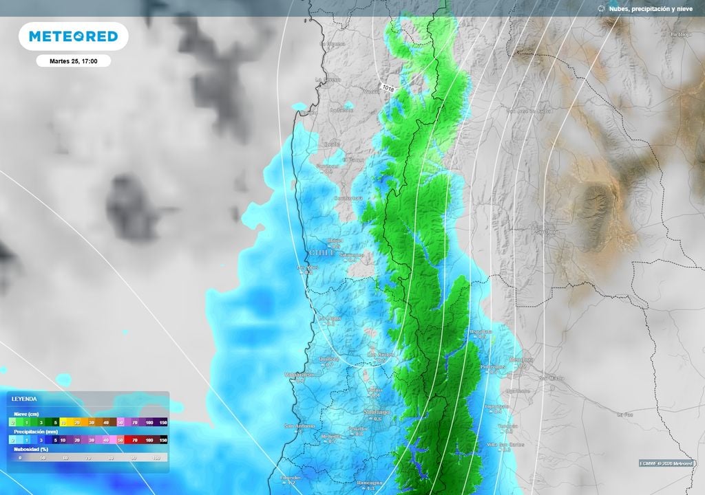 mapa de lluvia. El avance de las precipitaciones podría alcanzar sectores de la Región de Coquimbo durante el martes 25, mientras las lluvias se extienden por buena parte de la zona central, según la proyección del modelo ECMWF.