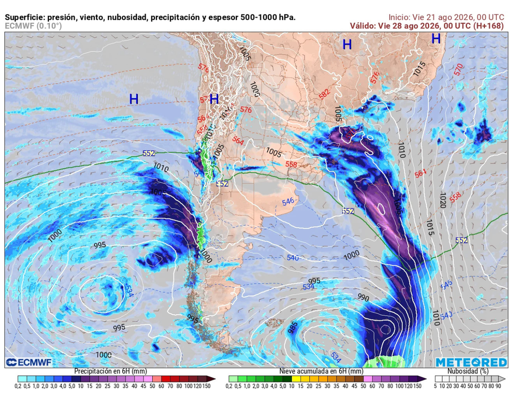 El ECMWF proyecta una breve pausa de las lluvias durante el miércoles, antes del ingreso de un nuevo sistema frontal al sur y centro-sur el jueves 27, mientras otro pulso de precipitaciones podría afectar simultáneamente sectores del centro-norte.