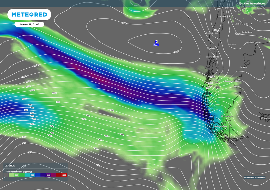 El río atmosférico tendrá un movimiento zonal (perpendicular a Chile), por lo que dejará un aporte constante de vapor a los frentes que se muevan por la Patagonia.