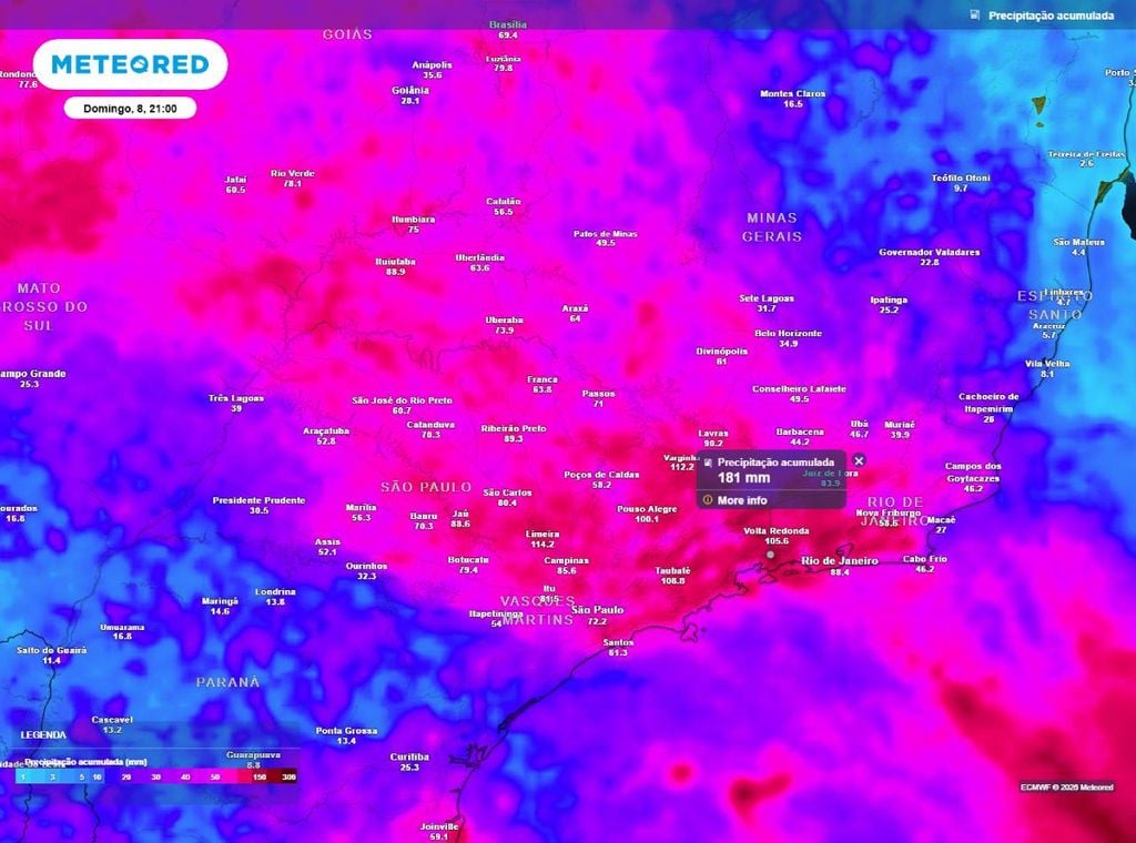 Previsão do acumulado de precipitação (em mm) até o domingo (8) à noite (21h), segundo o modelo europeu de precipitação.