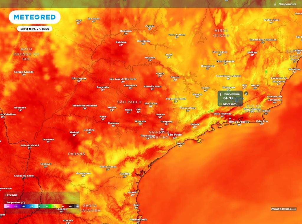 Previsão da temperatura máxima do ar (em °C) para a sexta-feira (27) à tarde (15h).