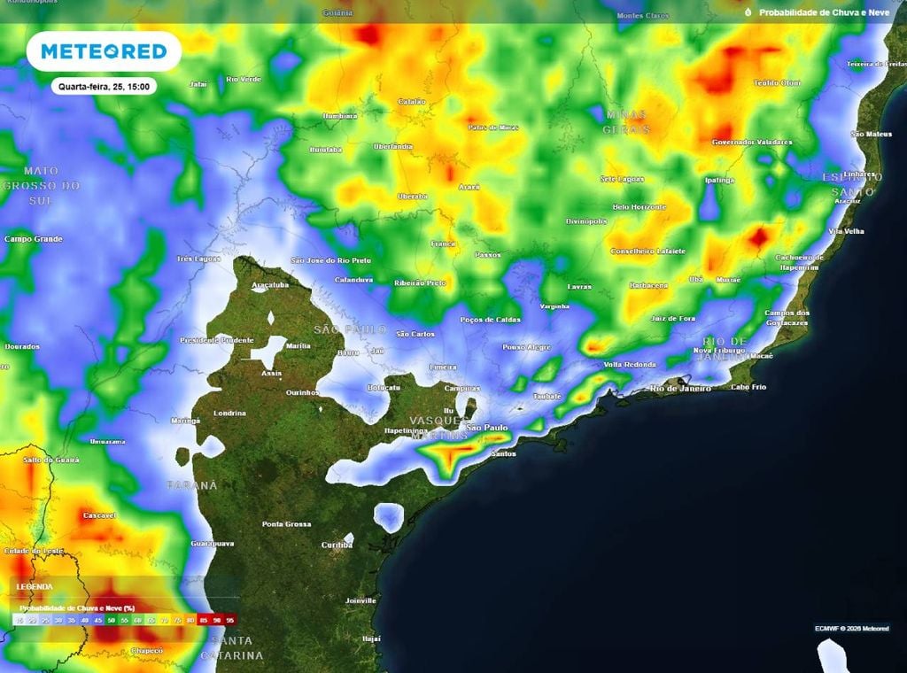 Previsão da probabilidade de precipitação (%) para a quarta-feira (25) à tarde (15h), segundo o modelo europeu ECMWF.