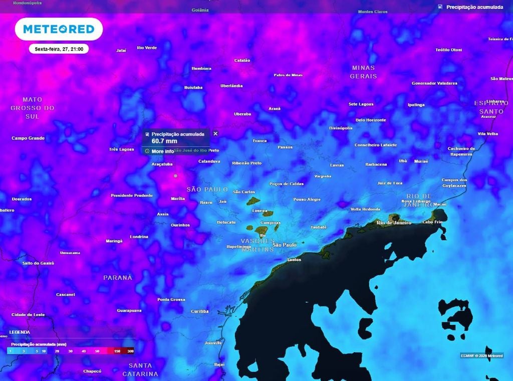 Previsão do acumulado de precipitação (em mm) entre hoje (24) e sexta-feira (27) à noite (21h), segundo o modelo europeu ECMWF.