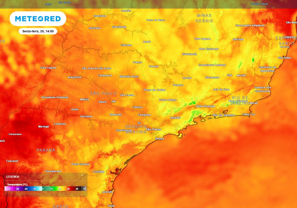 Previsão de temperaturas máximas na sexta-feira durante a tarde mostra que a maior parte dos estados de SP e RJ registrará temperaturas inferiores a 30°C, sinalizando um declínio no calor.