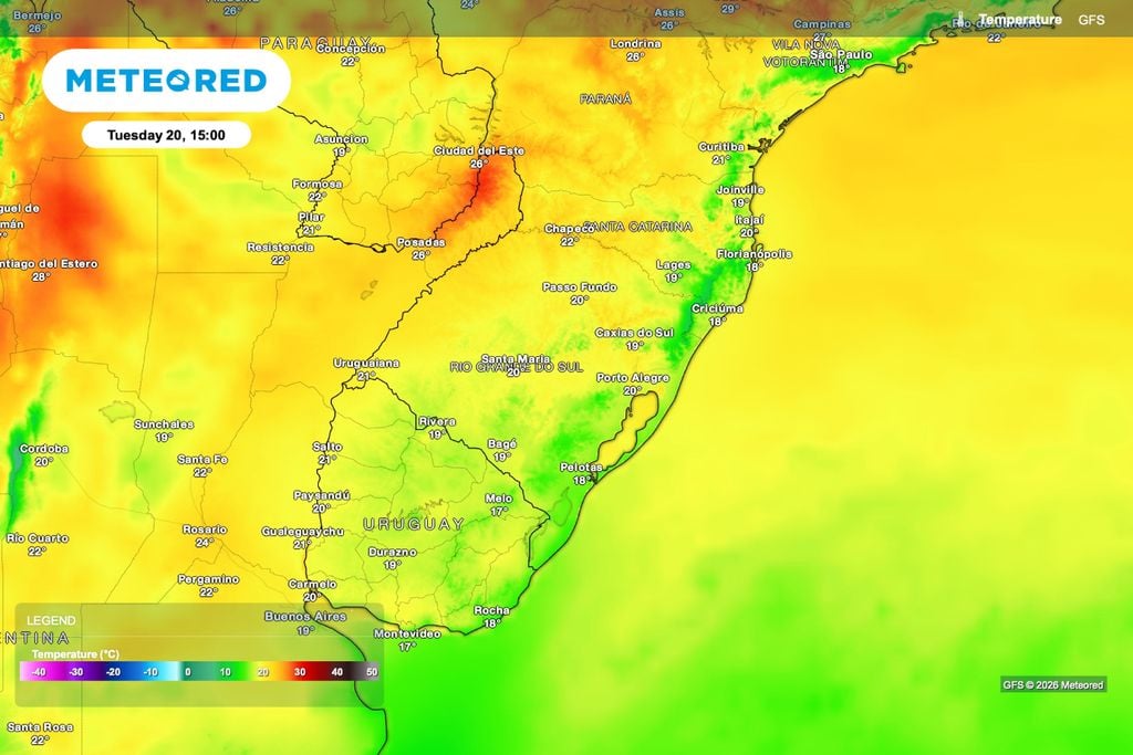 Previsão de temperatura para terça-feira (20), às 15h.
