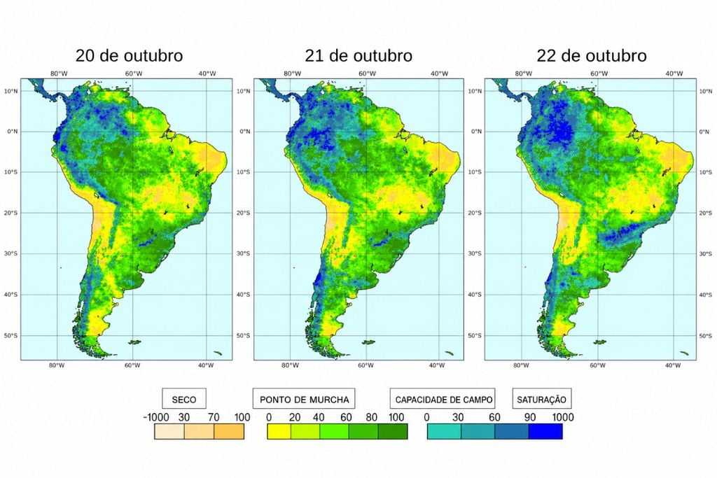 Previsão de umidade do solo entre 20 e 22 de outubro. Fonte: ECMWF.