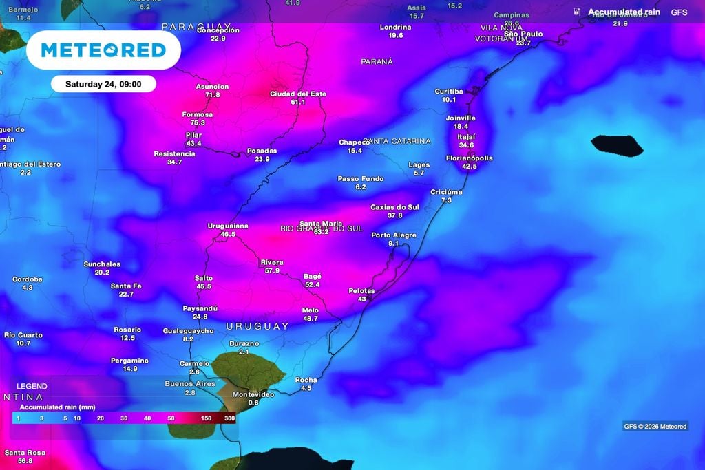Previsão de chuva acumulada até sábado (24), às 9h, com 40 a 60 milímetros em áreas do oeste, centro e sul do Rio Grande do Sul.