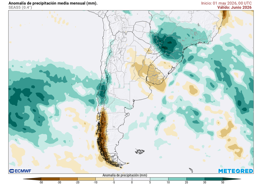 Pronóstico de Meteored y ECMWF para junio en Chile Anomalía de precipitación (mm) para junio 2026. Sobre los valores climatológicos normales (tonos verde), bajo los valores climatológicos normales (tonos marrón) y en torno a los valores climatológicos normales (color blanco).